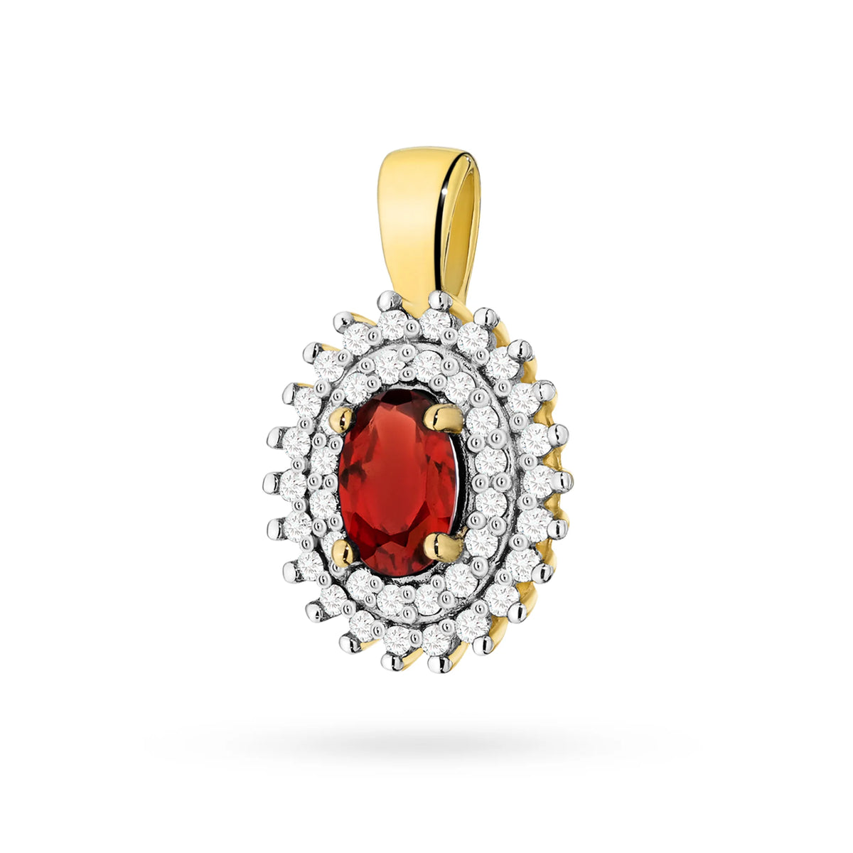 Prívesok zo 14K (585) zlata. Stredový granát 0,50 ct obklopený 39 diamantmi 0,19 ct. Jedinečný darček pre ňu. Náš obchod ponúka retiazky, prstene alebo náramky