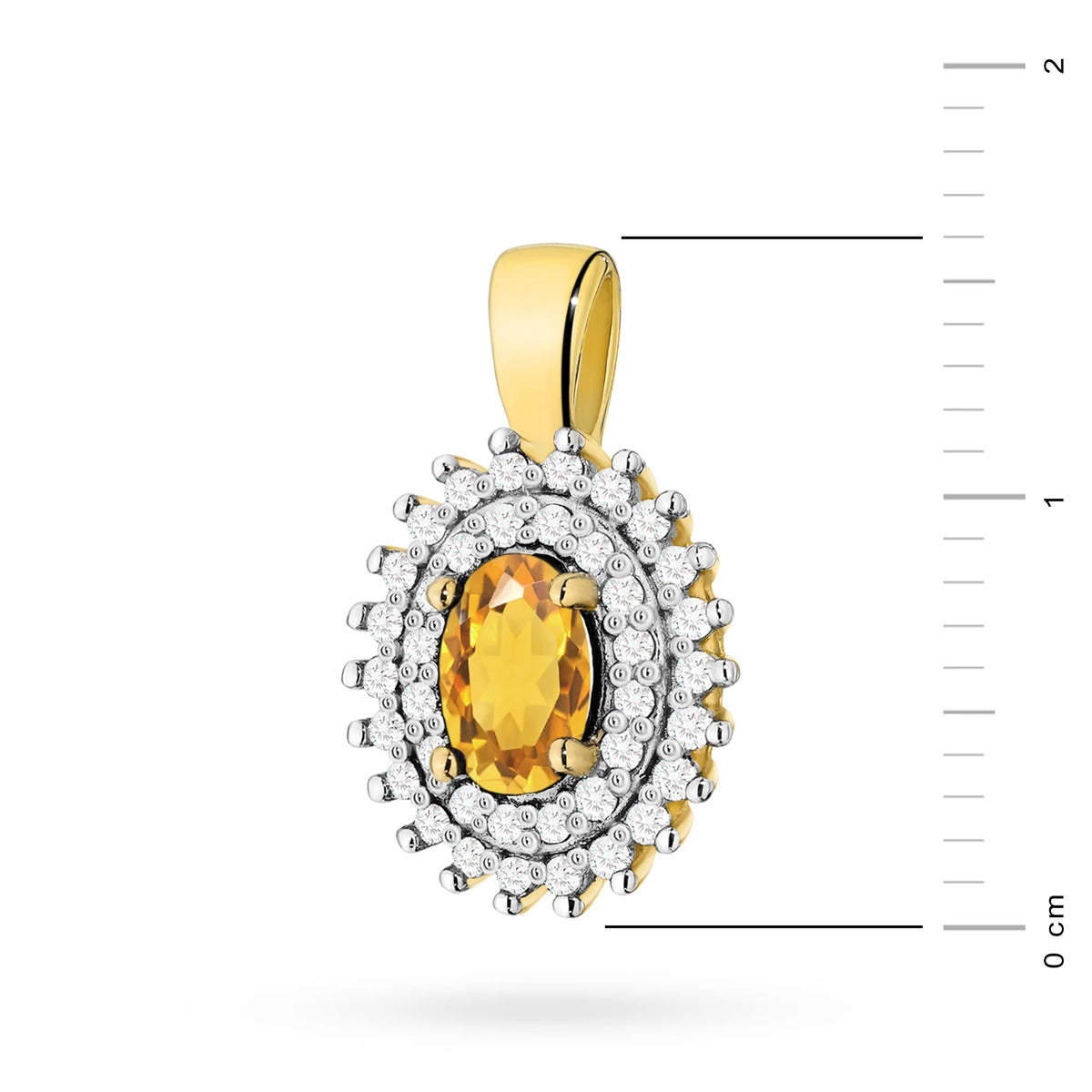 Prívesok zo 14K (585) zlata. Stredový citrín 0,60 ct obklopený 39 diamantmi 0,19 ct. Jedinečný darček pre ňu. Náš obchod ponúka retiazky, prstene, náušnice.