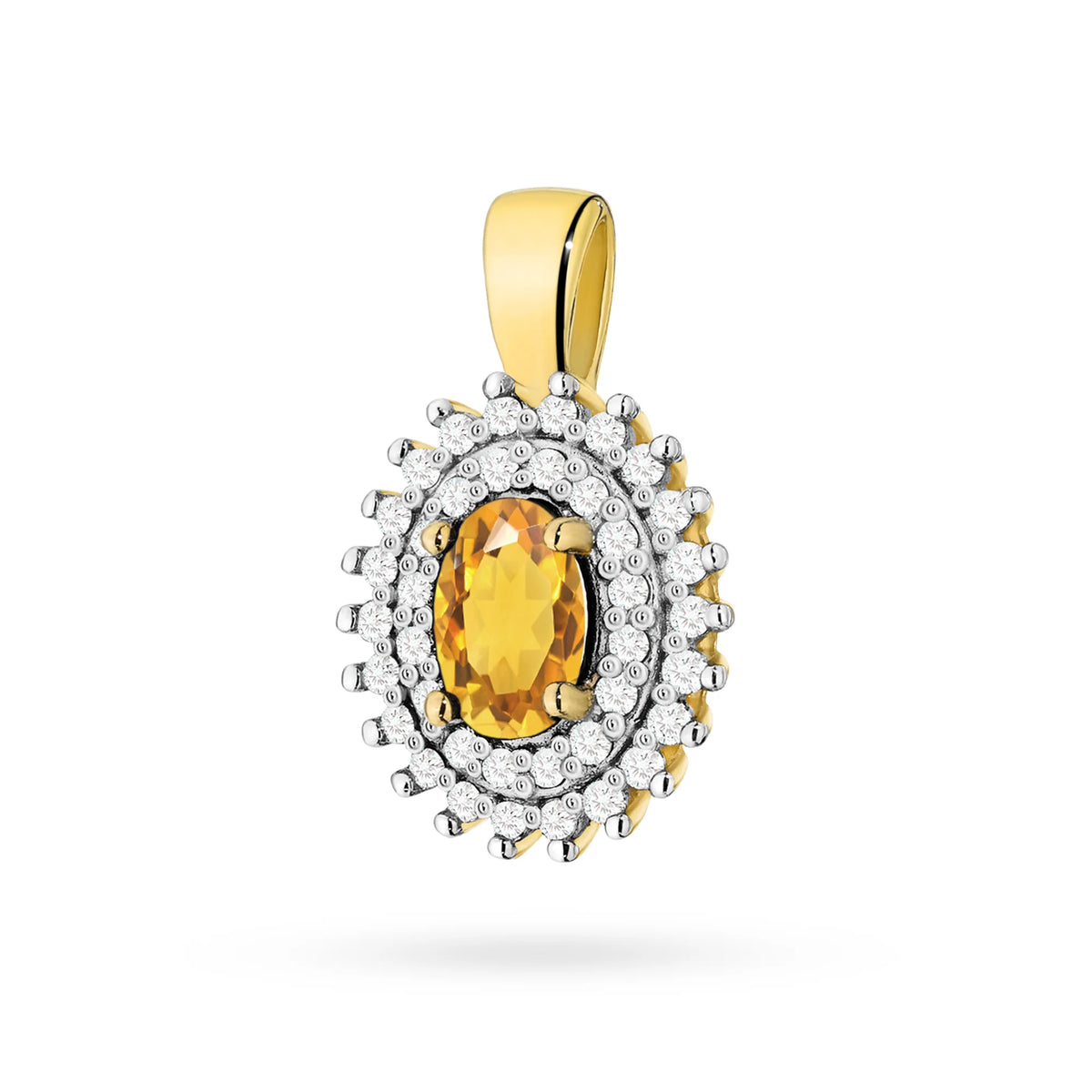 Prívesok zo 14K (585) zlata. Stredový citrín 0,60 ct obklopený 39 diamantmi 0,19 ct. Jedinečný darček pre ňu. Náš obchod ponúka retiazky, prstene, náušnice.