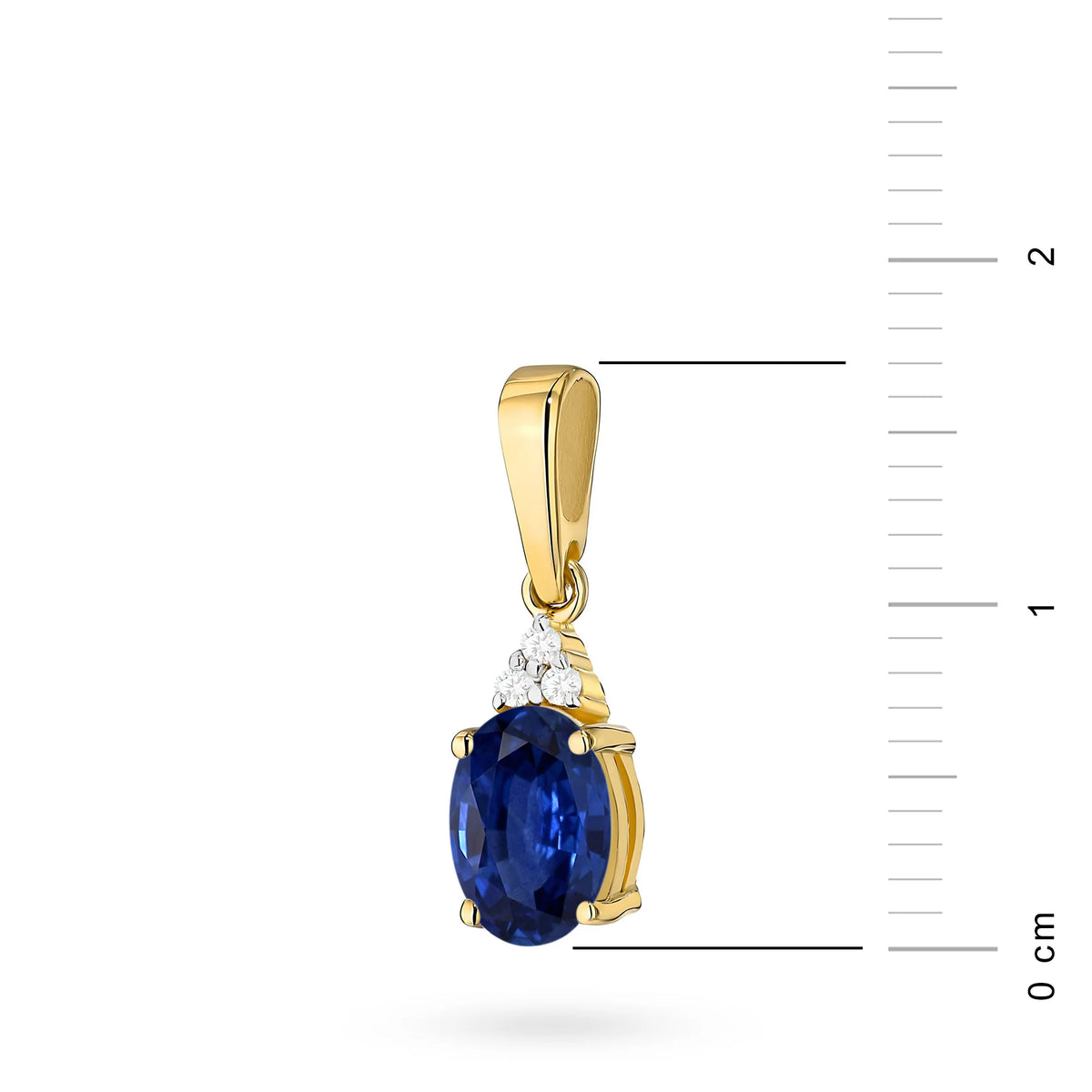 Prívesok vyrobený zo 14K (585) zlata. Naša ponuka zahŕňa retiazky, prívesky, náhrdelníky. Stredový oválny briliantový zafír 0,90 ct a 3 diamanty 0,026 ct. Dokonalý jedinečný darček