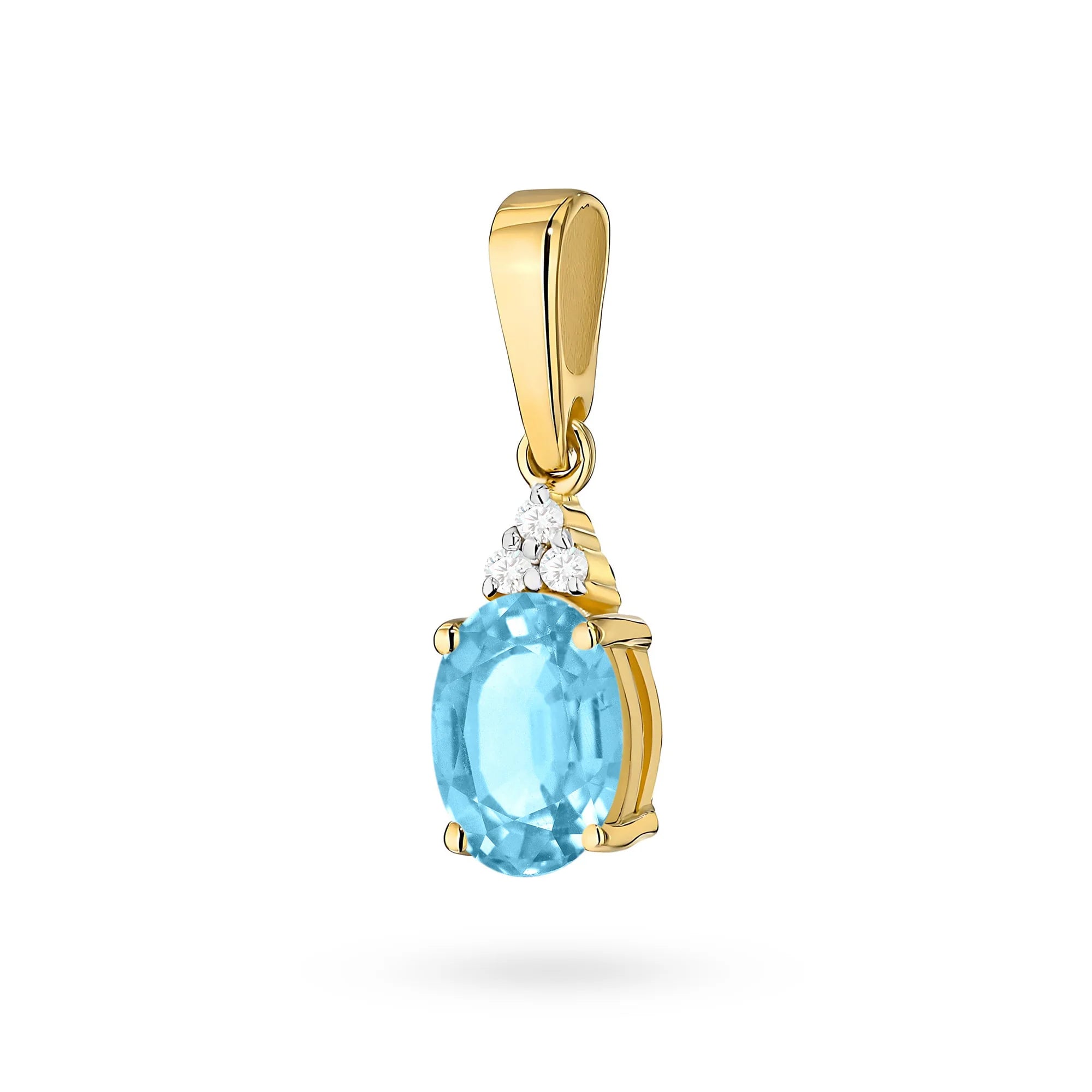 Pendant made of the highest quality 14K(585) gold. Our offer includes various types of chains, pendants, necklaces. Oval cut topaz 0.90ct and 3 diamonds 0.026ct