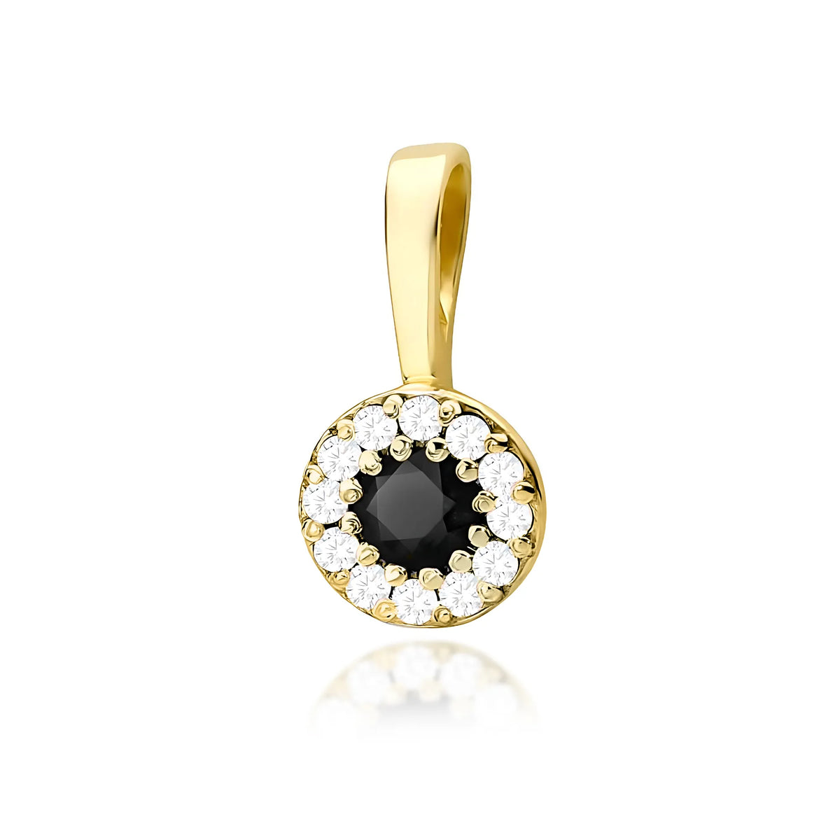 Gold Pendant with central Black Diamond and beset by white diamonds.