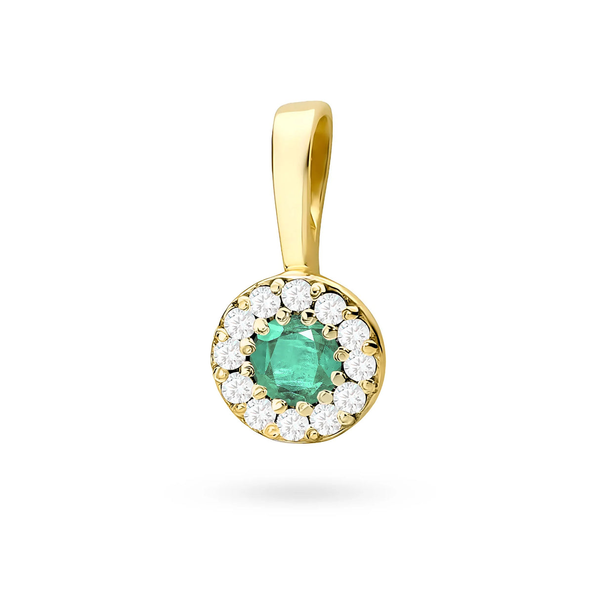 Gold round pendant with emerald and diamonds in 3 colors of 14k(585) gold.