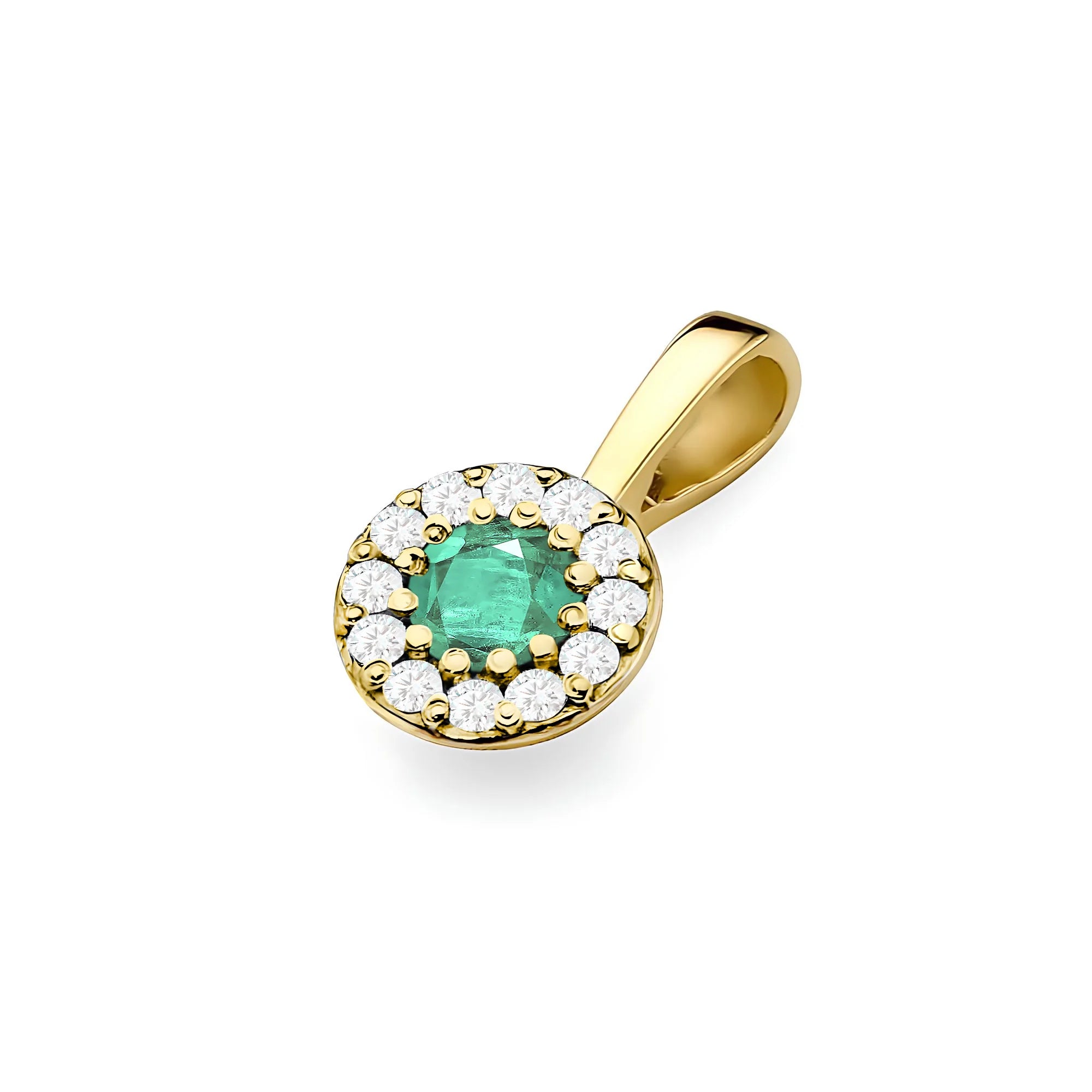 Gold round pendant with emerald and diamonds in 3 colors of 14k (585) gold.
