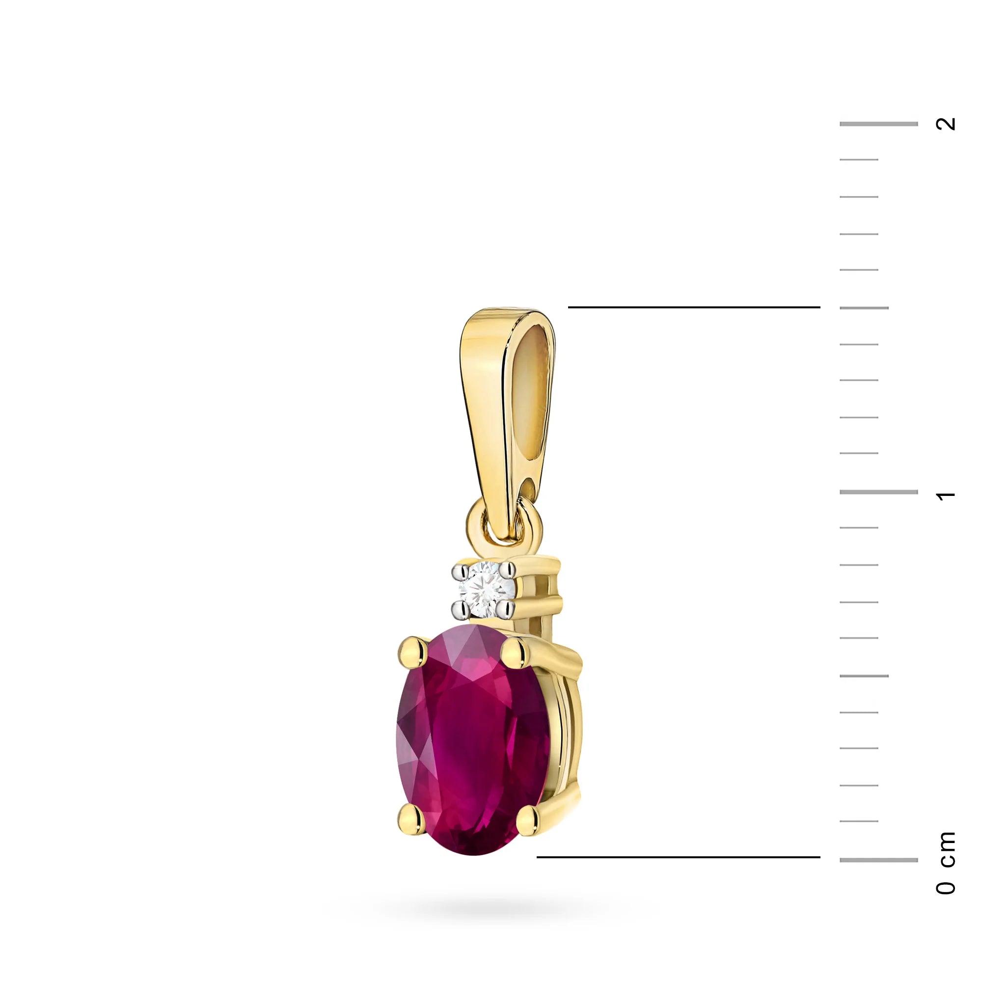 Gold pendant with a Oval Rhodolite and diamond with measurement scale.