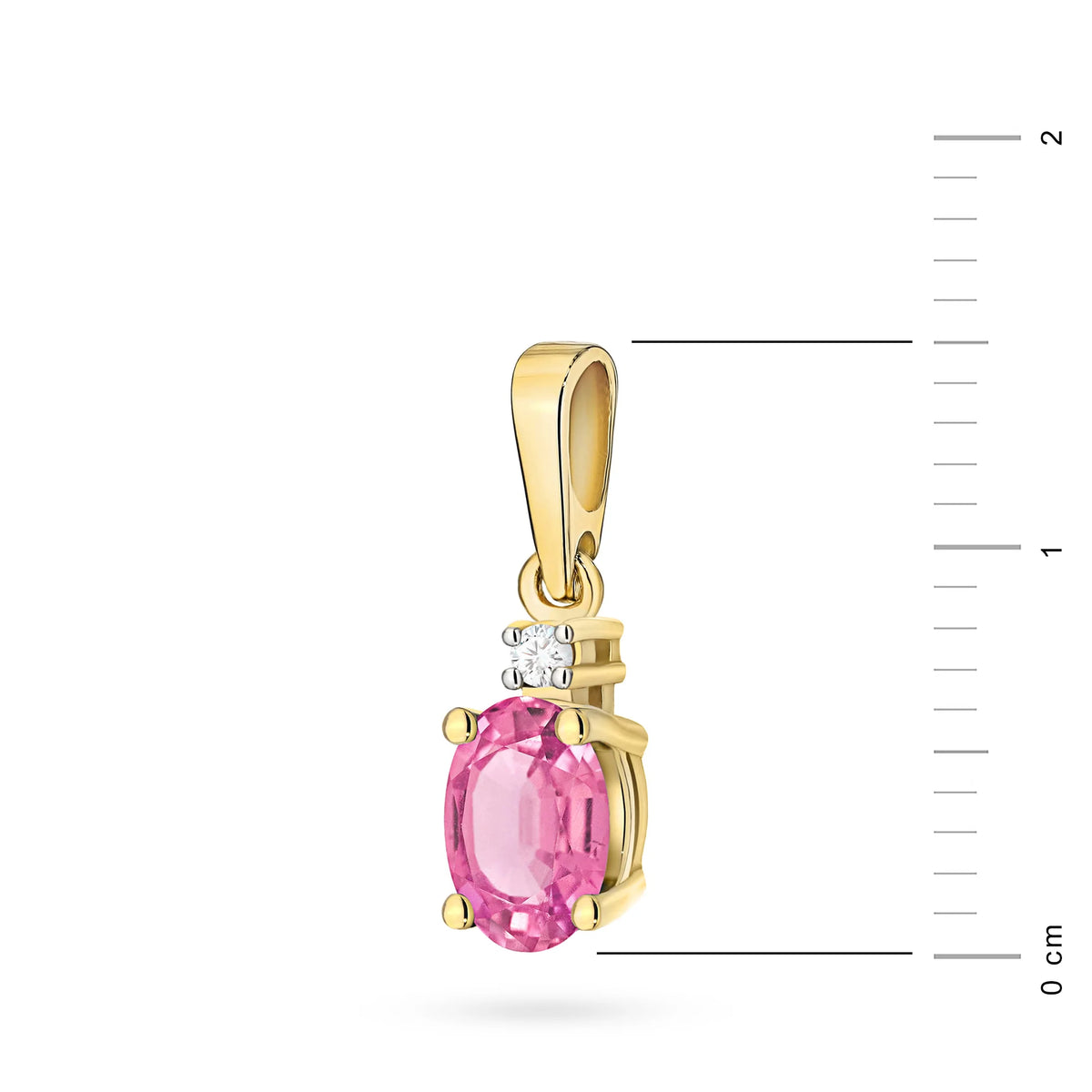 Zlatý prívesok s ružovým topásom a diamantom s mierkou.
