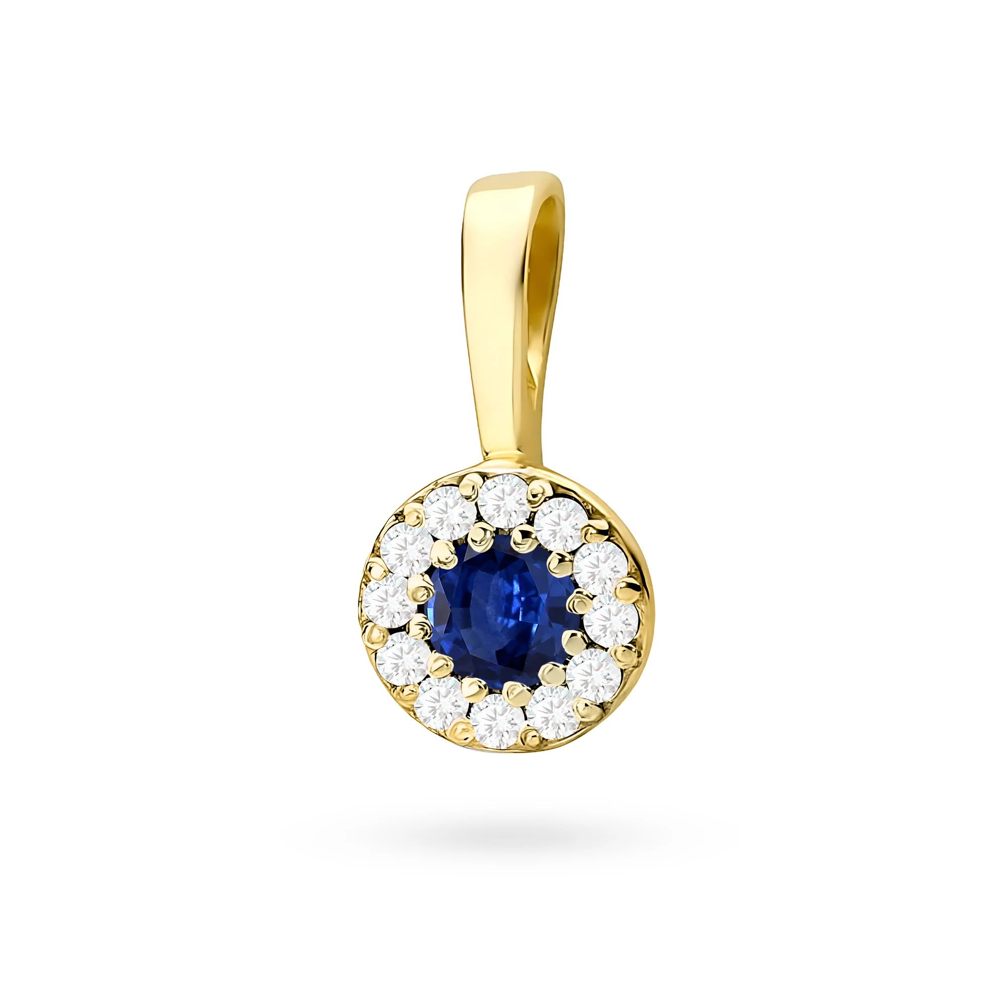 Gold round pendant with sapphire and real diamonds in 3 colors of 14k(585) gold.