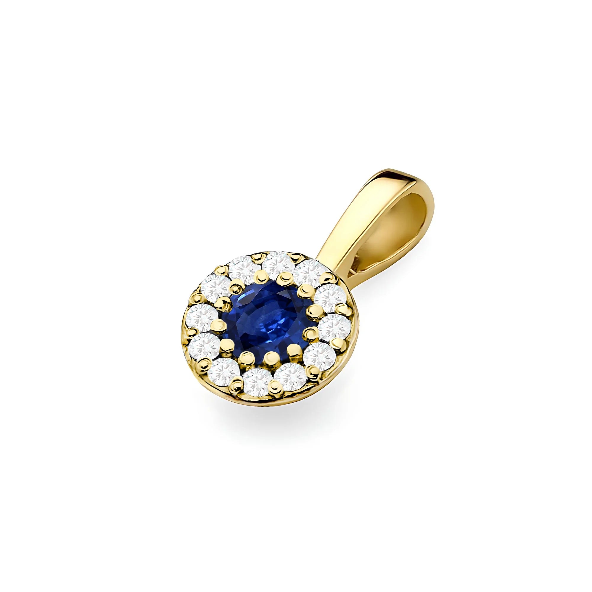 Gold round pendant with sapphire and real diamonds in 3 colors of 14k(585) gold.