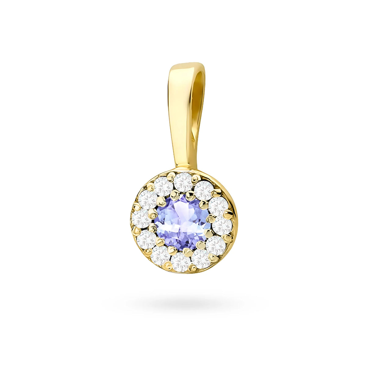 Zlatý okrúhly prívesok s tanzanitom a pravými diamantmi v troch farbách 14k (585) zlata.