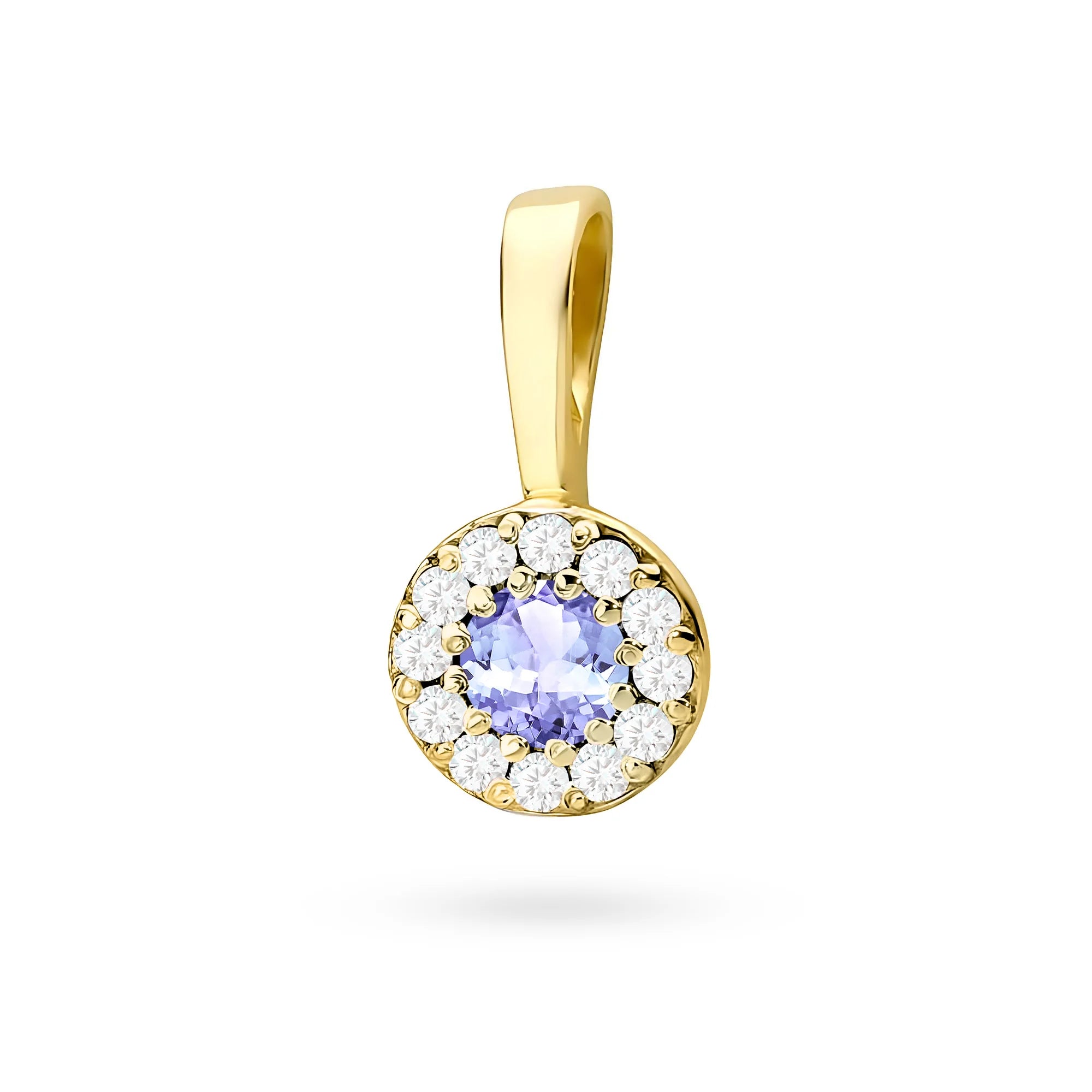 Zlatý okrúhly prívesok s tanzanitom a pravými diamantmi v troch farbách 14k (585) zlata.