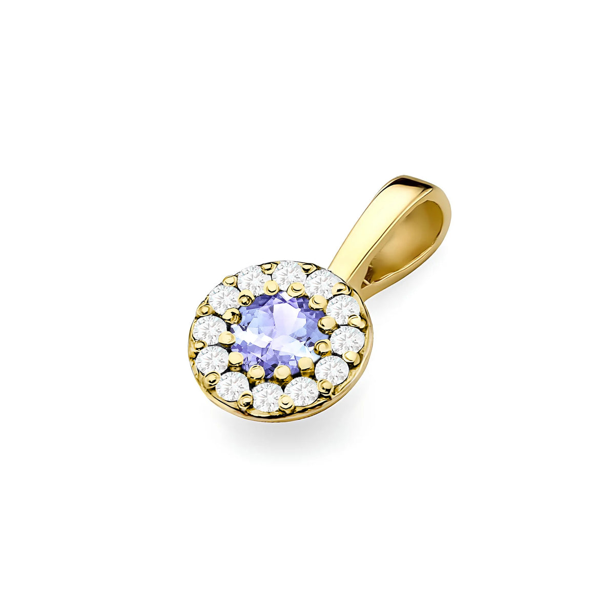 Zlatý okrúhly prívesok s tanzanitom a pravými diamantmi v troch farbách 14k (585) zlata.