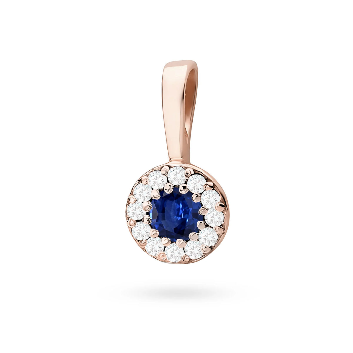 Rose Gold round pendant with sapphire and real diamonds in 3 colors of 14k(585) gold.