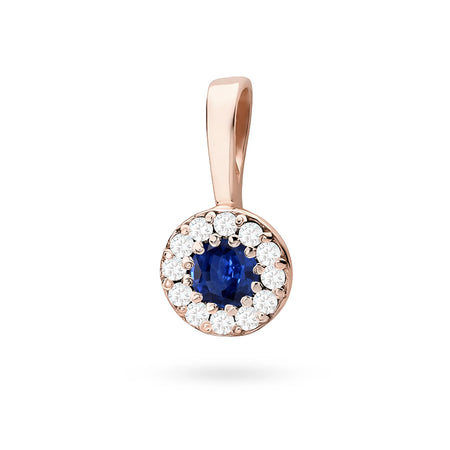 Rose Gold round pendant with sapphire and real diamonds in 3 colors of 14k(585) gold.