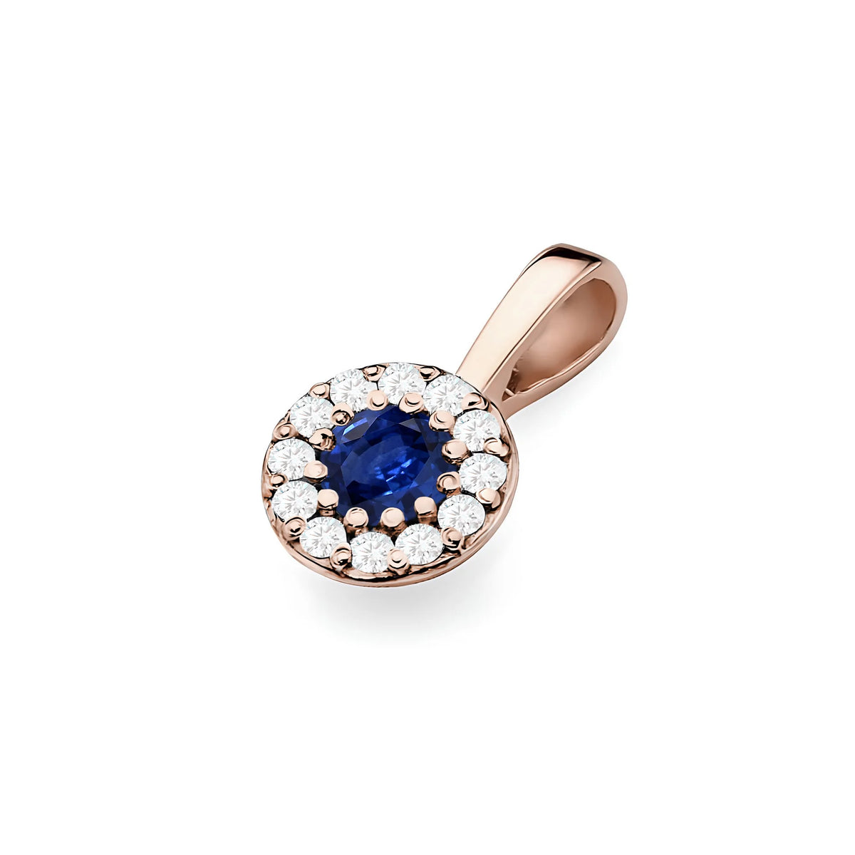 Rose Gold round pendant with sapphire and real diamonds in 3 colors of 14k(585) gold.