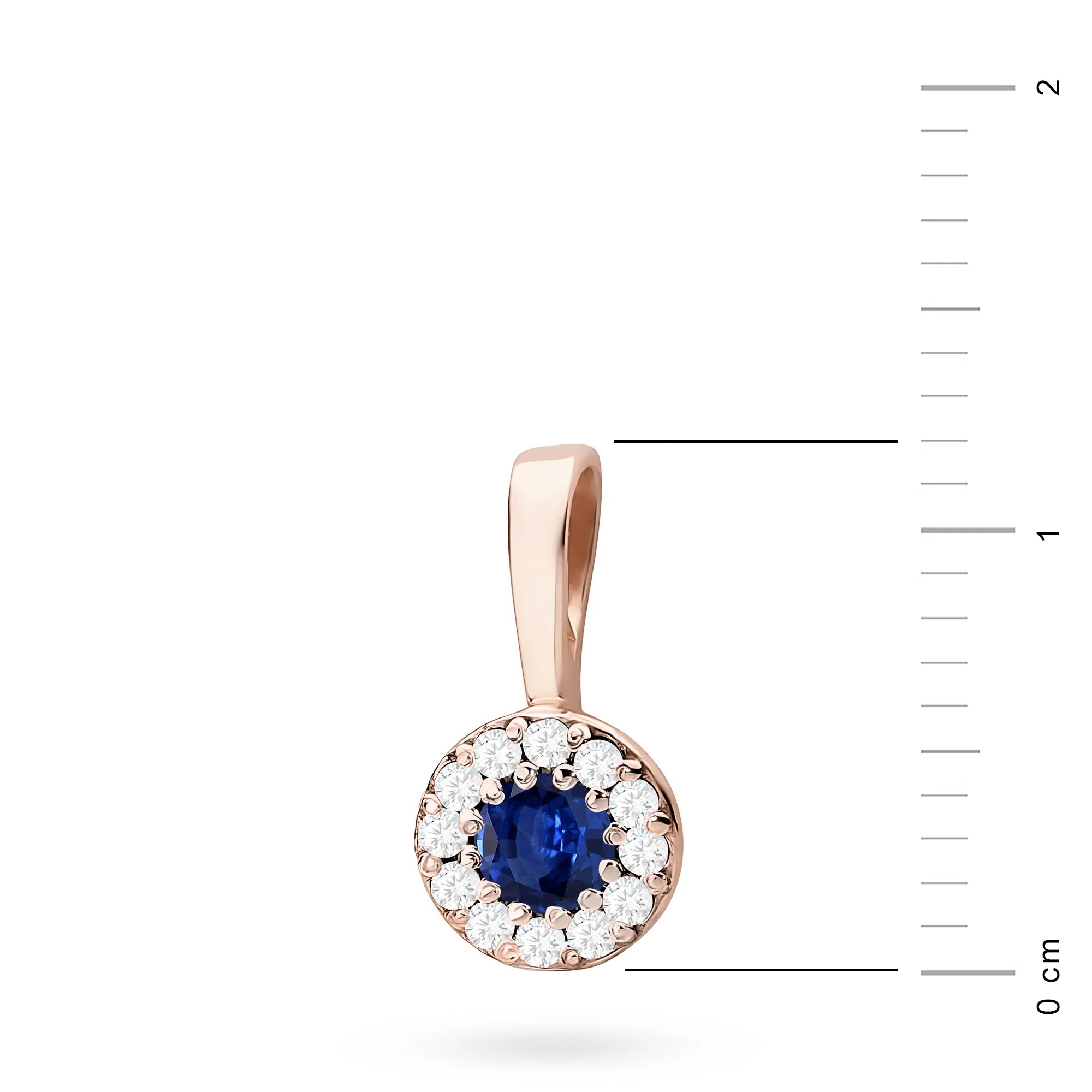 Rose Gold round pendant with sapphire and real diamonds. Picture with real size in cm.