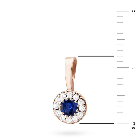 Rose Gold round pendant with sapphire and real diamonds. Picture with real size in cm.