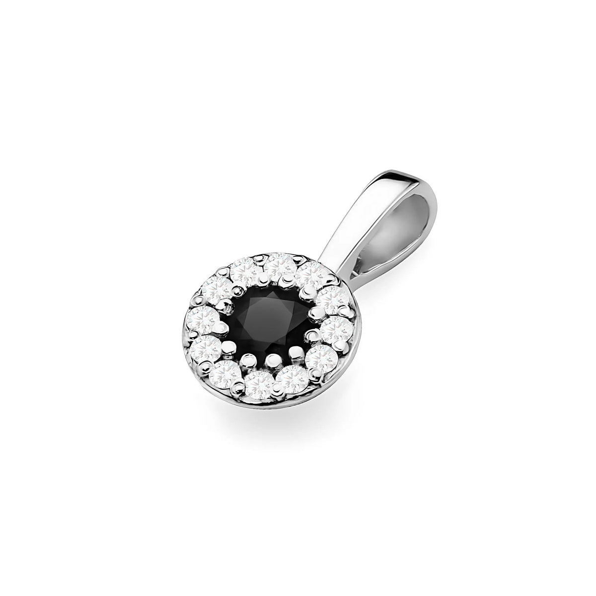 White Gold Pendant with central Black Diamond and beset by white diamonds.