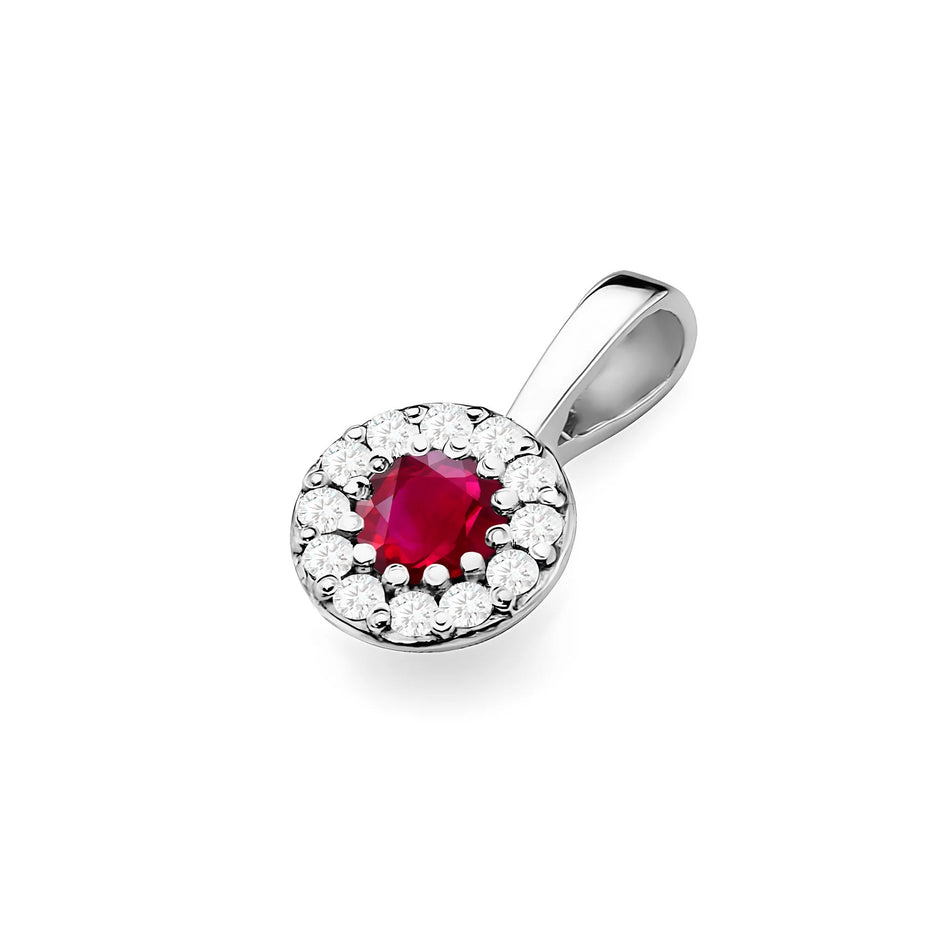 Prívesok z bieleho zlata v tvare kruhu s rubínom a pravými diamantmi v troch odtieňoch 14k (585) zlata.