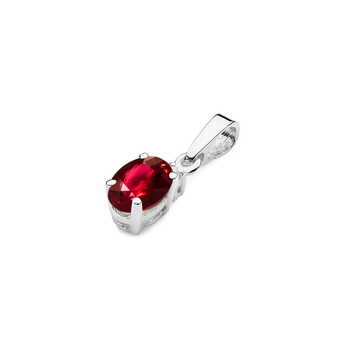 Prívesok z bieleho zlata s oválnym rubínom a doplnkovými diamantmi.
