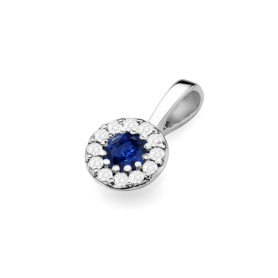 Prívesok z bieleho zlata v tvare kruhu so zafírom a pravými diamantmi v troch farbách 14k (585) zlata.