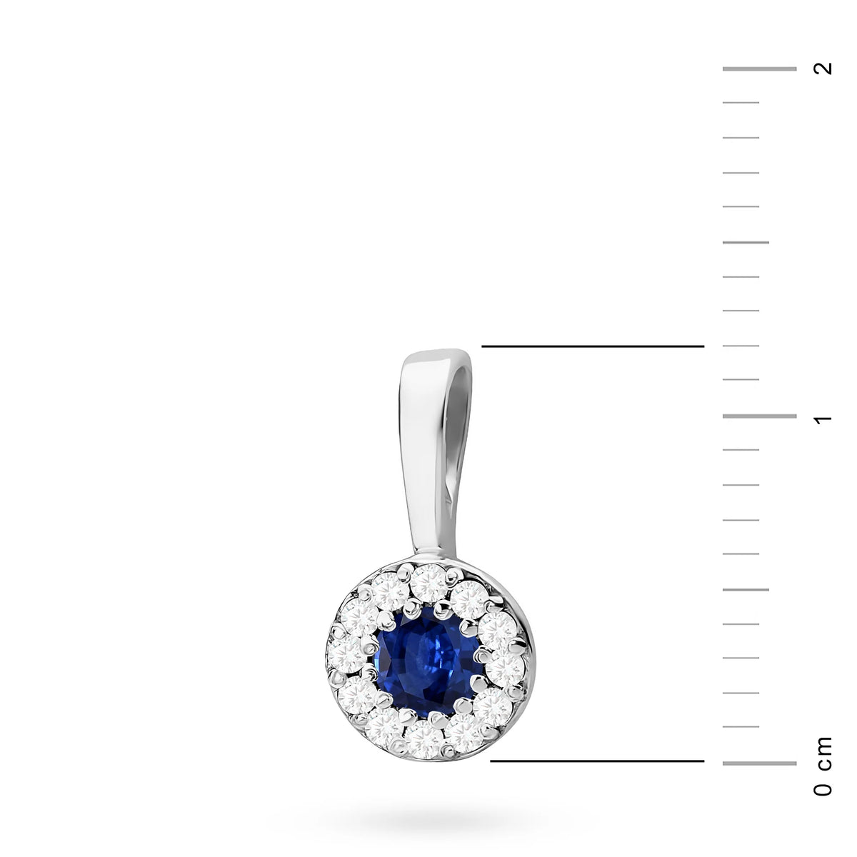 White Gold round pendant with sapphire and real diamonds. Picture with real size in cm.