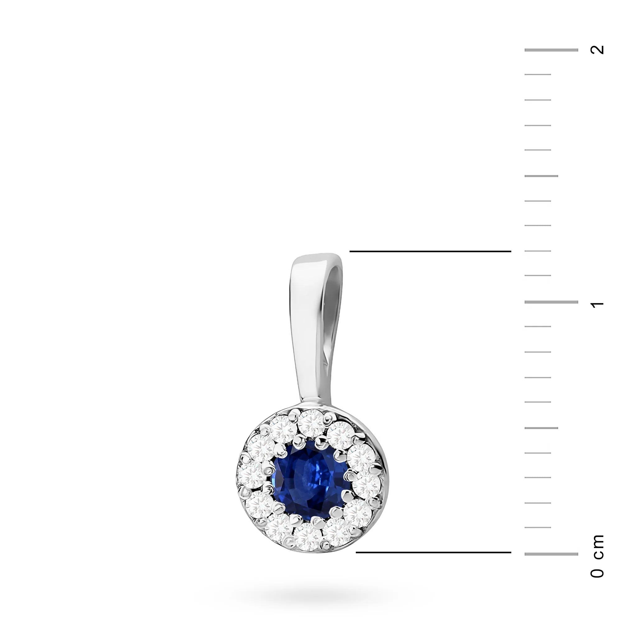 White Gold round pendant with sapphire and real diamonds. Picture with real size in cm.