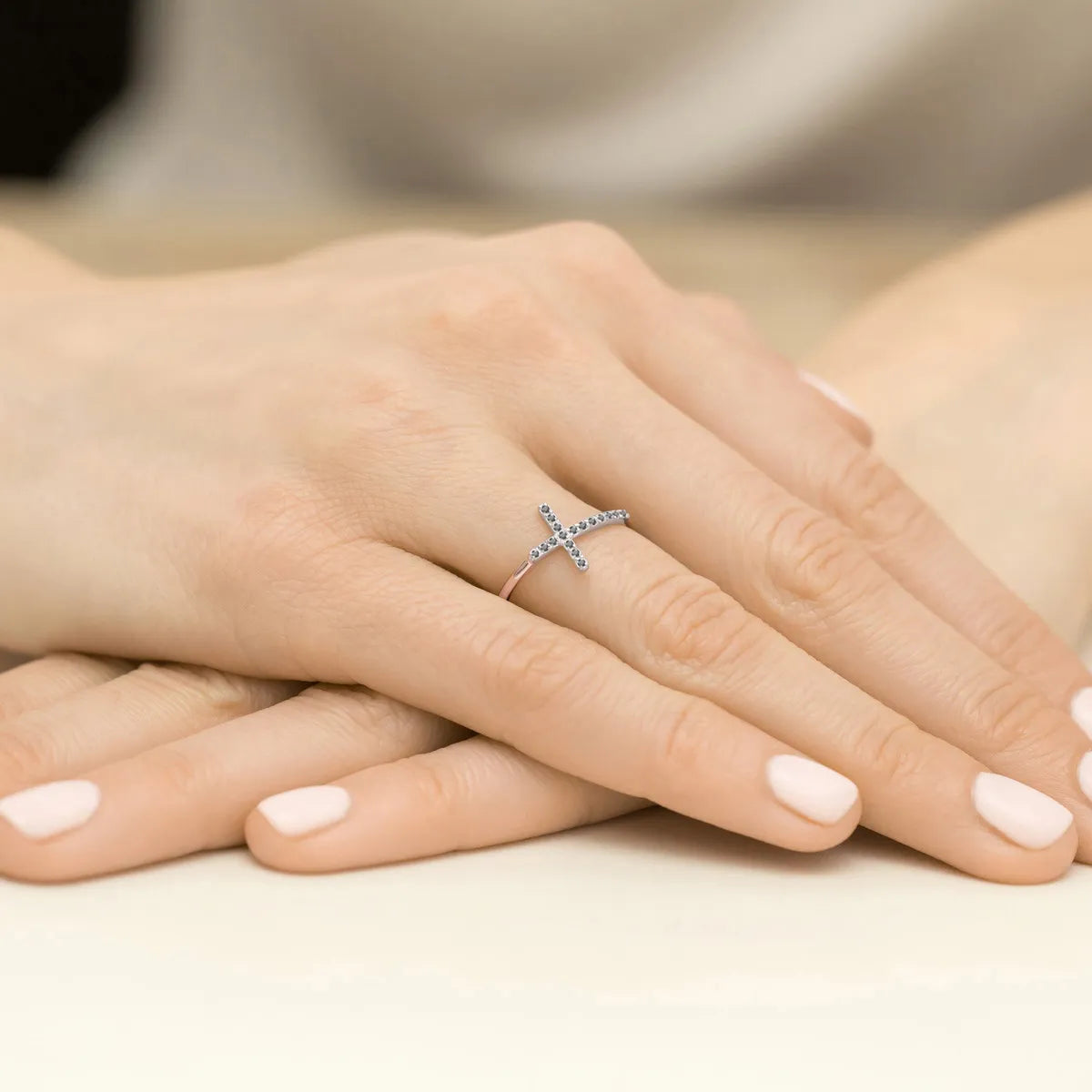 Rose gold ring with cross made from 0.09ct black diamonds
