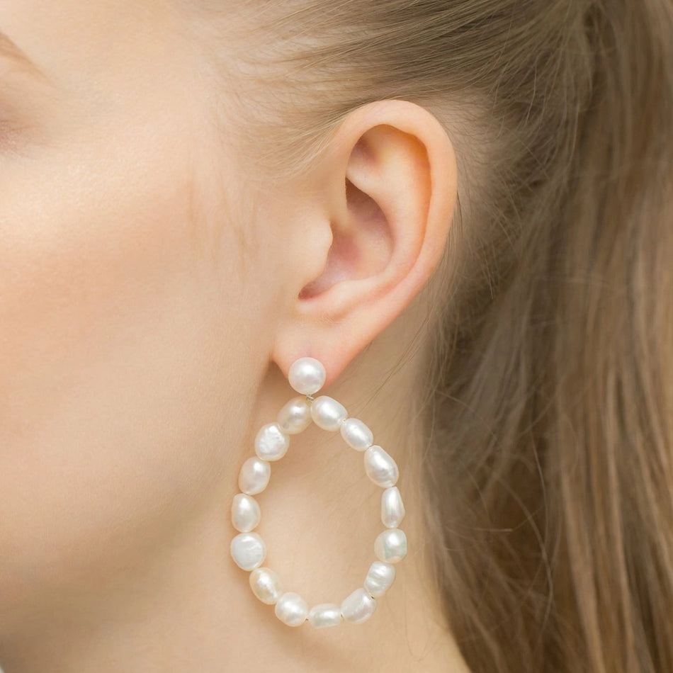 Silver(925) Earrings with pearls. Hoop shape in vintage style. Order gift for mother, girlfriend or fiancee.