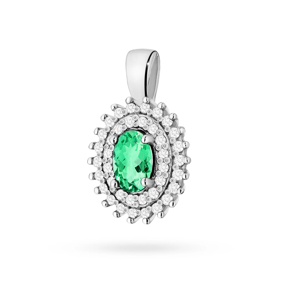 Prívesok z 14K (585) zlata. Stredný smaragd 0,40 ct obklopený 39 diamantmi 0,19 ct. Jedinečný darček pre ňu. Náš obchod ponúka retiazky, prstene alebo náramky
