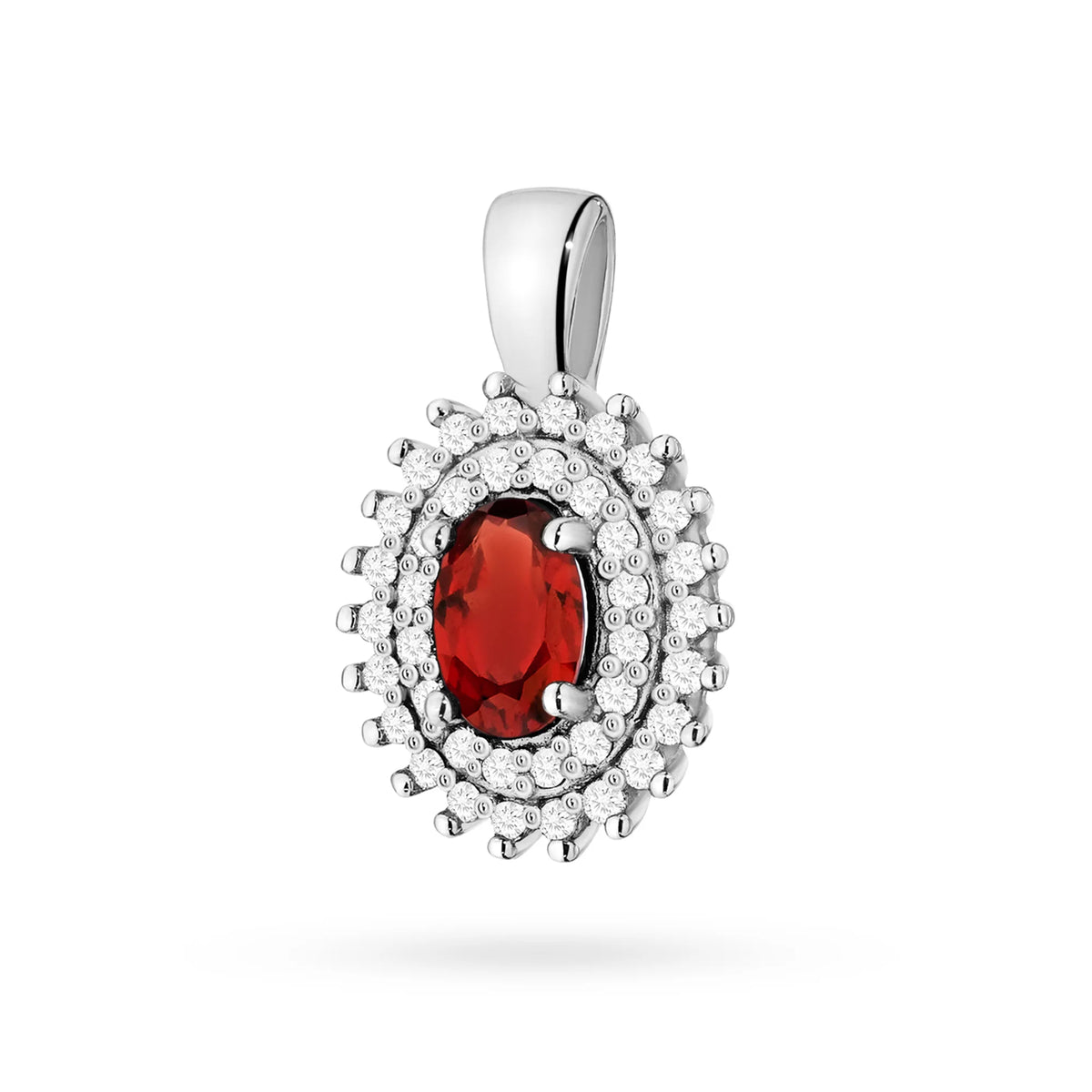 Prívesok zo 14K (585) zlata. Stredový granát 0,50 ct obklopený 39 diamantmi 0,19 ct. Jedinečný darček pre ňu. Náš obchod ponúka retiazky, prstene alebo náramky