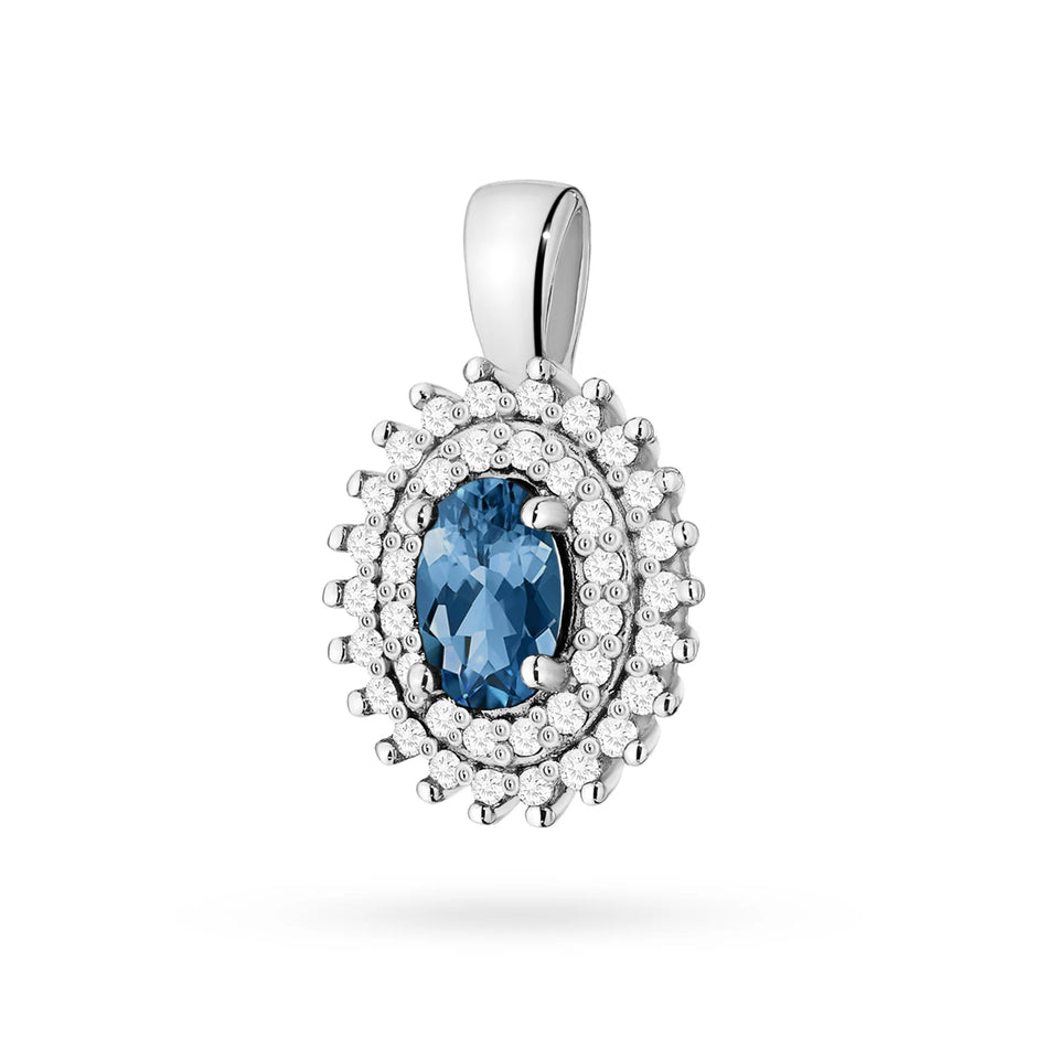 Pendant made of 14K (585) gold. Central topaz london blue 0.50ct surrounded by 39 diamonds 0.19ct. A unique gift for her. Our shop offers chains and necklaces
