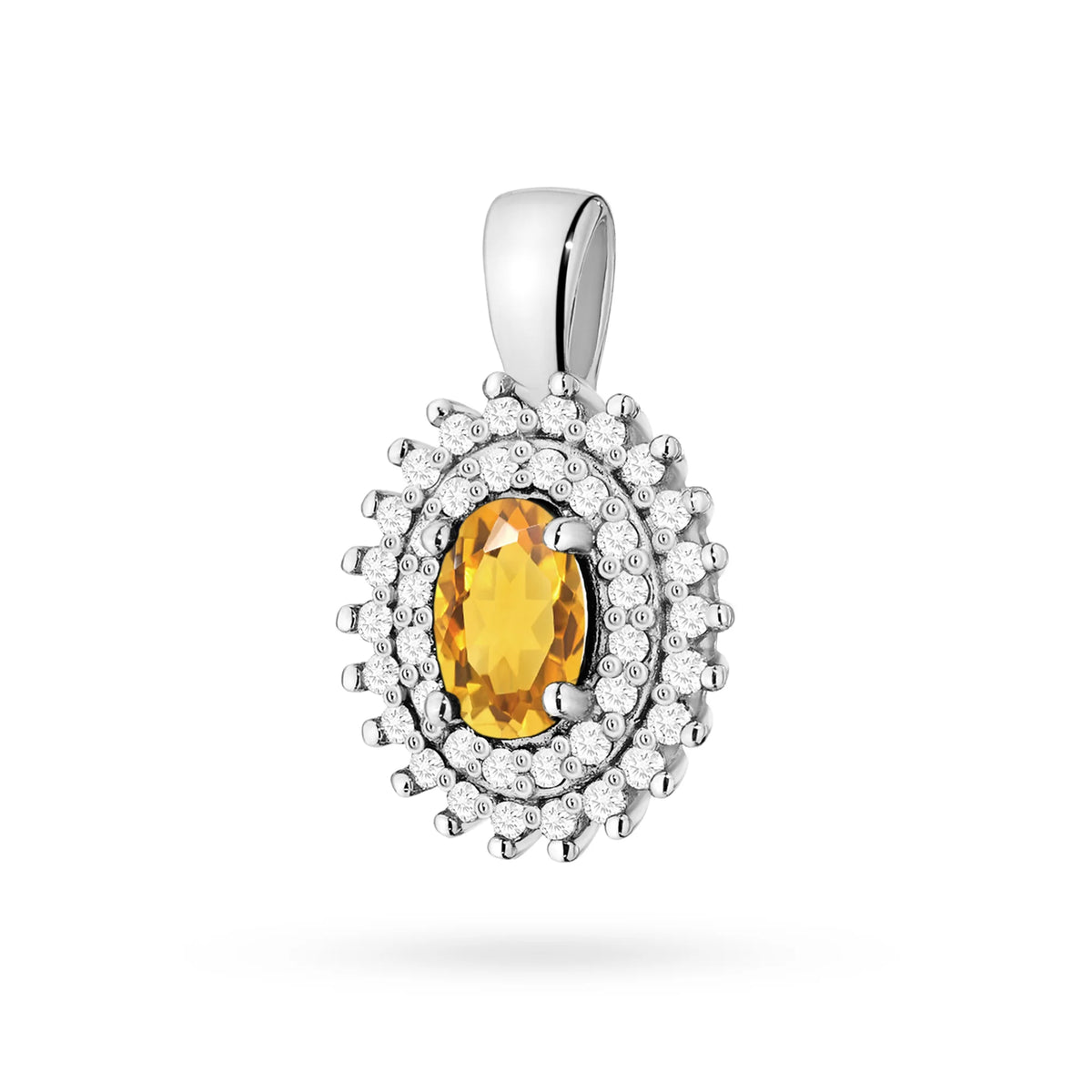 Prívesok zo 14K (585) zlata. Stredový citrín 0,60 ct obklopený 39 diamantmi 0,19 ct. Jedinečný darček pre ňu. Náš obchod ponúka retiazky, prstene, náušnice.